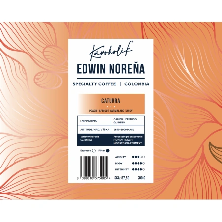 KÁVOHOLIK, Kolumbia, Edwin Norena, Caturra, Honey, Peach Co-Ferm